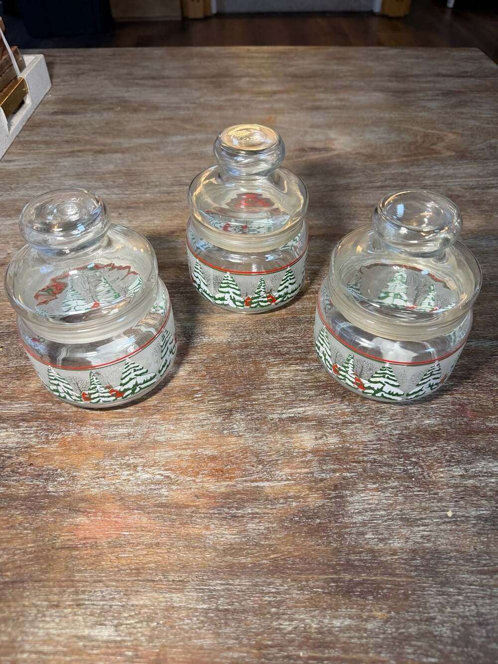 KIG Indonesia Vintage Winter Snow Scene Glass Candy Jars with Lids - Set of 3